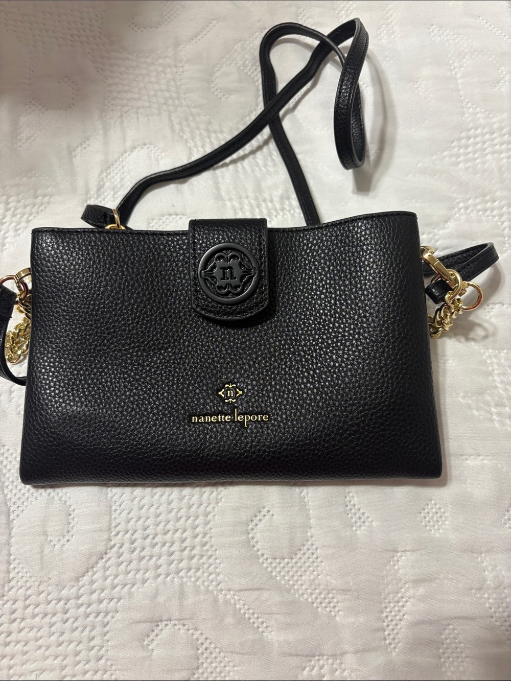 Nanette Lepore Black Pebbled Leather Crossbody with Gold Hardware